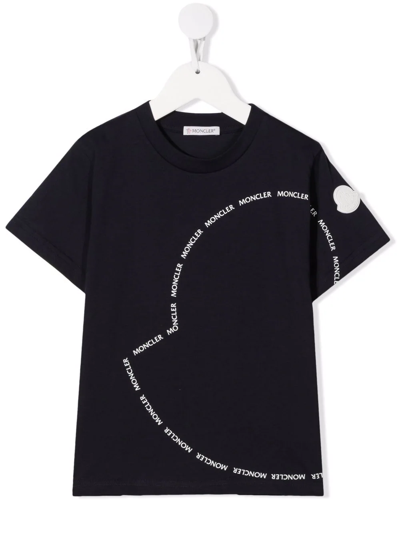 Moncler Kids' Cotton Logo Outline-print T-shirt In Blue