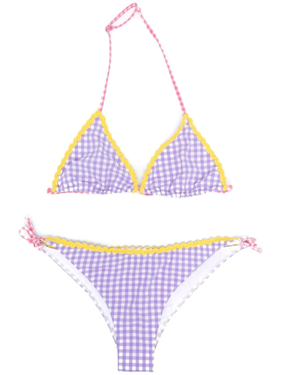 Mc2 Saint Barth Kids' Gingham-print Bikini Set In Purple