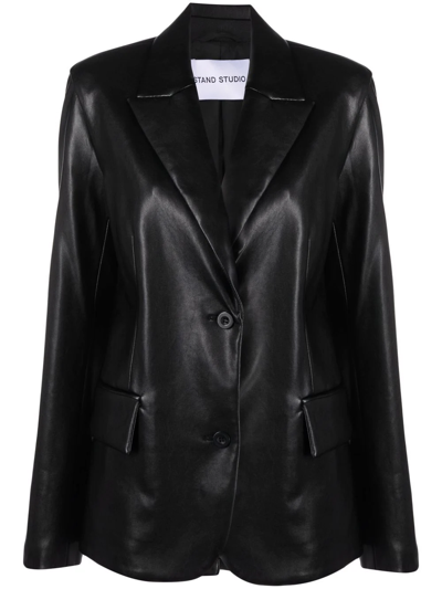 Stand Studio Ansley Single-breasted Faux-leather Blazer In Black