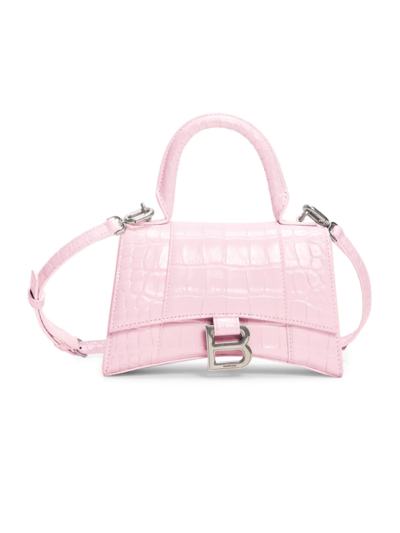 Balenciaga Xs Hourglass Croc-embossed Leather Top Handle Bag In Candy Pink