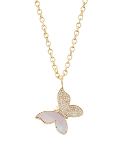 Sydney Evan Women's 14k Yellow Gold, Mother-of-pearl, & Diamond Large Butterfly Pendant Necklace