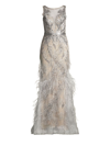 Basix Women's Lace & Feather Trim Column Gown In Silver