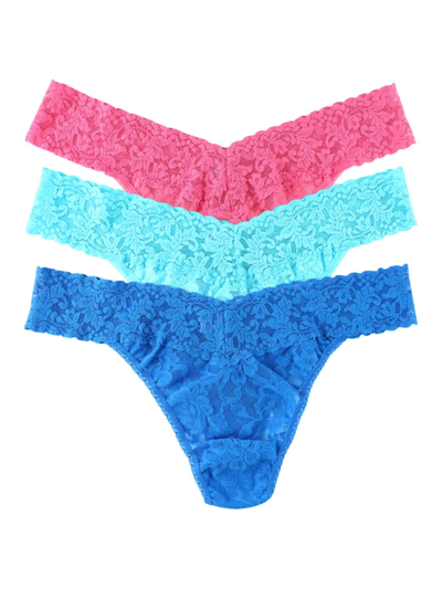 Hanky Panky 3-pack Original-rise Multicolor Lace Thongs In Sugar Pink Cerulean Blue Beau Blue