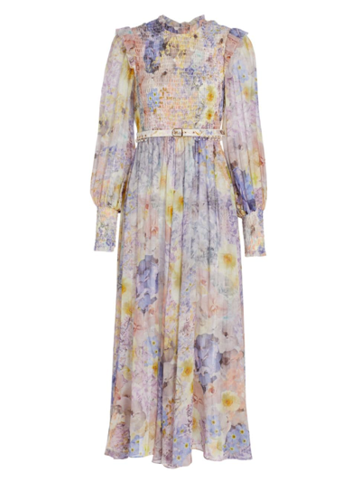 Zimmermann Rhythmic Embellished Belted Shirred Floral-print Cotton And Silk-blend Midi Dress In Multicoloured