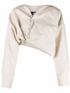 Jacquemus Baci Cropped Underwired Cotton And Linen-blend Shirt In Beige