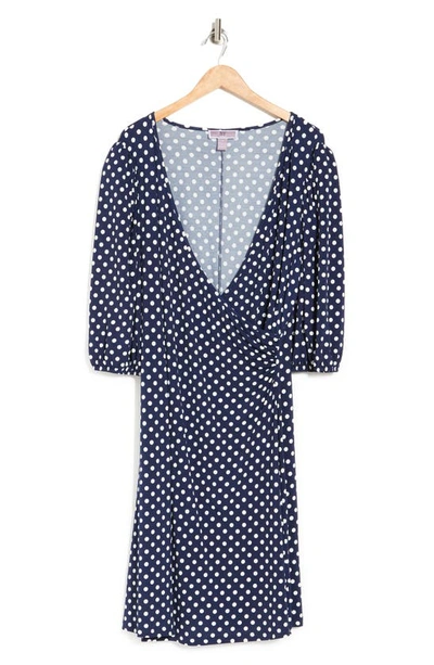 By Design Amelia Side Ruched Surplice Dress In Navy/ White Polka Dot