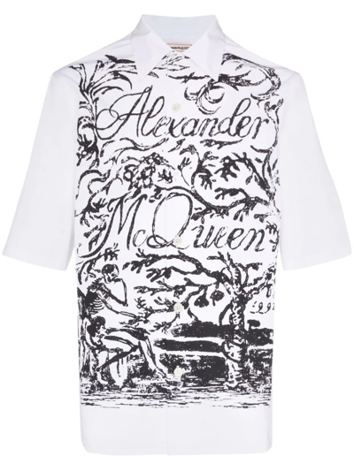 Alexander Mcqueen Blake Illustration Print Cotton Camp Shirt In White Black