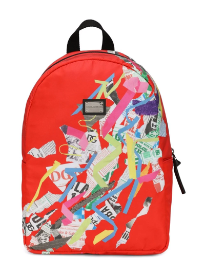 Dolce & Gabbana Kids' Newspaper Logo Plaque Backpack In Red