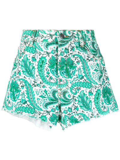 Etro Woman Green Ramage Floral Paisley Denim Shorts In Green,white