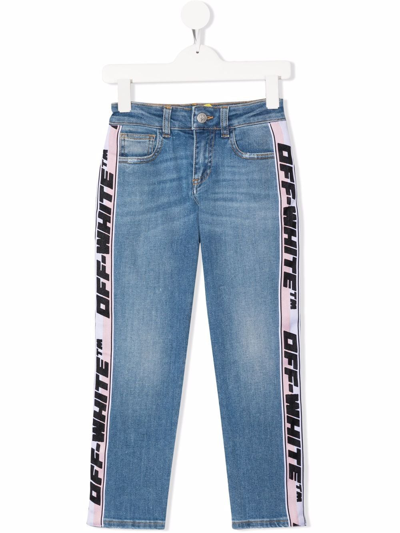 Off-white Kids' Logo-tape Straight-leg Stretch-denim Jeans 8-10 Years In Blue