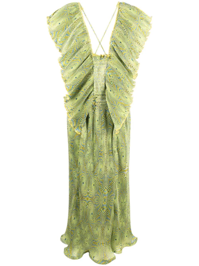 Stella Mccartney Ruffled Printed Plissé-satin Midi Dress In Green