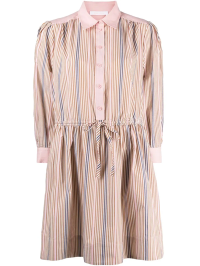 See By Chloé Striped Puff-sleeve Cotton Shirt Dress In Beige