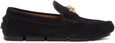 Versace Suede Driver Loafers In Black