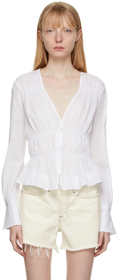 Frame Ruched Button Front Cotton Blouse In Blanc