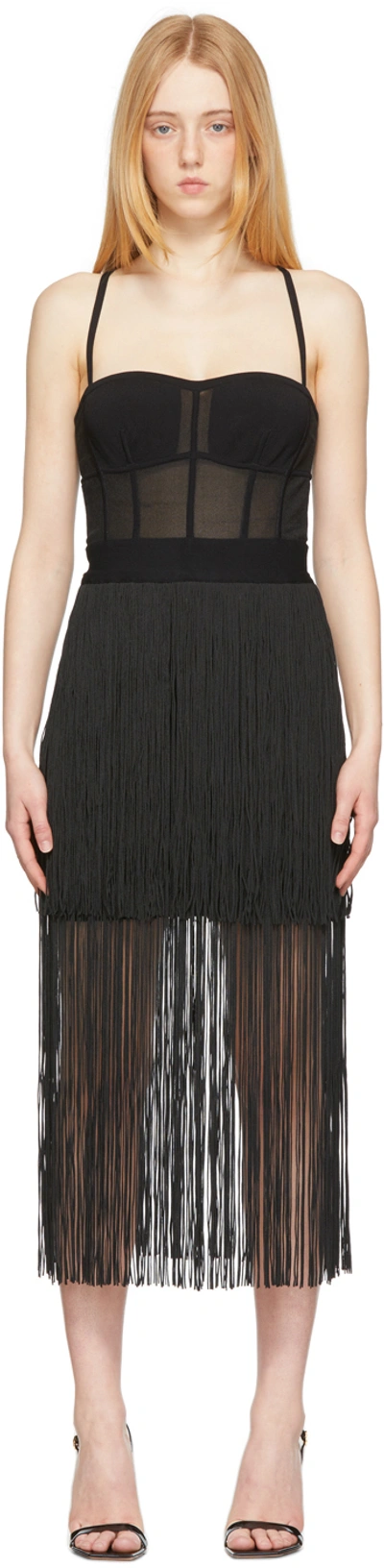 Herve Leger Black Fringed Bustier Dress In Black 001