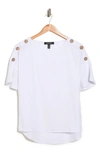 Ellen Tracy Round Neck Button Detail Linen Blend Top In White