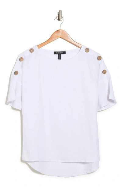 Ellen Tracy Round Neck Button Detail Linen Blend Top In White