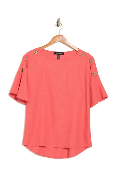 Ellen Tracy Round Neck Button Detail Linen Blend Top In Coral
