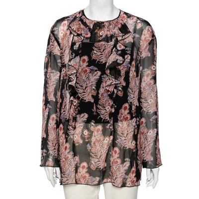 Pre-owned Giamba Black Floral Printed Chiffon Ruffle Trimmed Blouse L