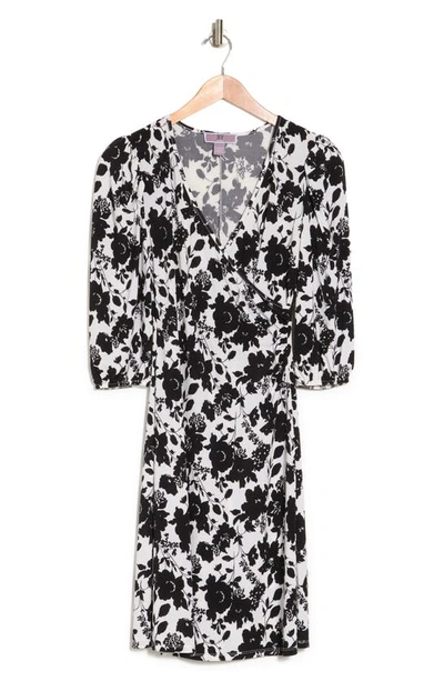 Love By Design Amelia Ruched Wrap Dress In Black/ White Floral