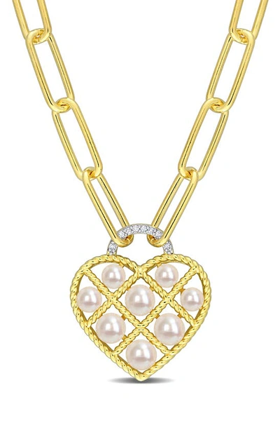 Delmar Yellow Gold Plated Sterling Silver 4.5-5mm Freshwater Cultured Pearl Diamond Heart Pendant Necklace In White