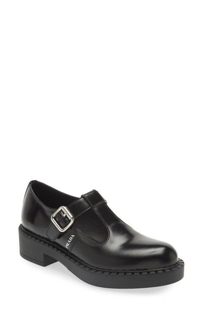 Prada Brushed Leather Mary Jane T-strap Shoes In Black
