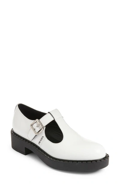 Prada Brushed-leather Mary Jane T-strap Shoes In Bianco