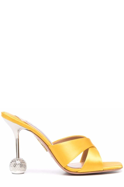 Aquazzura Yes Darling Silk Crystal-heel Mules In Yellow