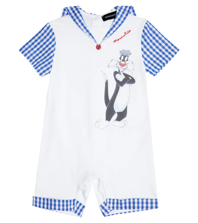 Monnalisa Sylvester Cotton Romper In Bianco+bluette