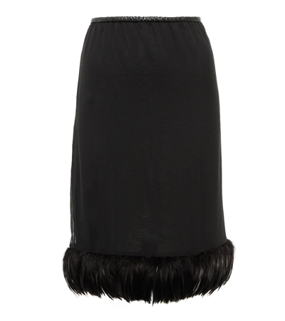 Saint Laurent Feather-trimmed Silk Pencil Skirt In Black