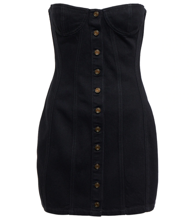 Saint Laurent Strapless Sweetheart-neck Denim Mini Dress In Worn Black