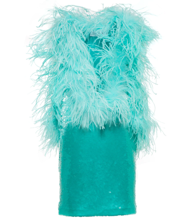 Attico Sienna Sequined Mini Dress W/ Feathers In Aquamarine | ModeSens