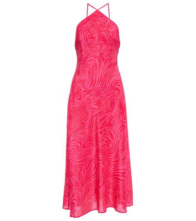 Rixo London Silk Opal Zebra Print Halterneck Midi Dress In Pink