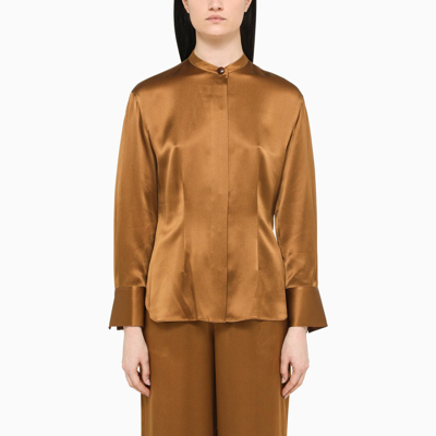 Vince Relaxed-fit Round-neck Silk Shirt In Brown