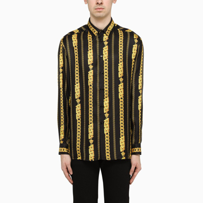 Versace Chain Pinstripe Printed Silk Shirt In Nero