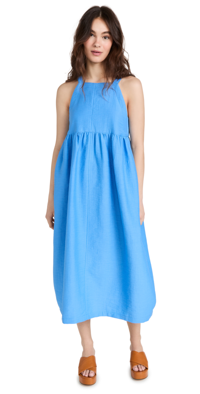lisbeth midi dress blue floral Popelin Blue Midi Skirt with Embroidered Bib- Blue – JellyBeanz Kids main image 0