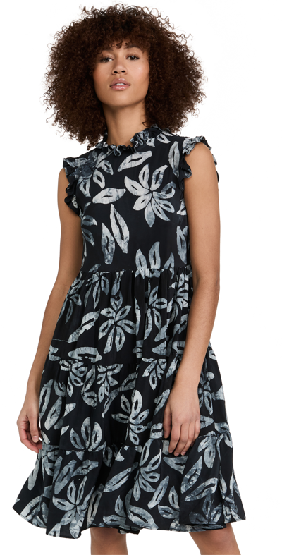Studio 189 Leaf Silk Ruffle Short Sleeveless Dress In Black And White