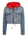 Palm Angels Cropped Denim Jacket With Removable Hood In Blue