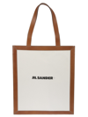 Jil Sander Tote Bag In Tela Bianca E Pelle In Medium Brown