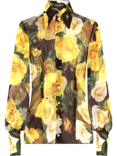 Dolce & Gabbana Rose-print Silk Georgette Shirt In Black