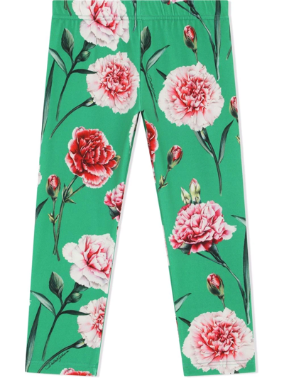 Dolce & Gabbana Kids' Floral-print Cotton-blend Leggings In Green