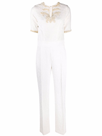 Parlor Embroidered Short-sleeve Jumpsuit In White