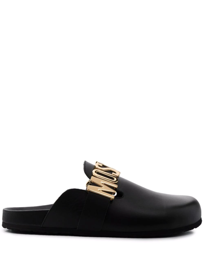 Moschino Men's Logo Leather Clog Slides In Black