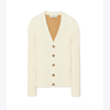 Tory Burch Colorblock Ribbed Cardigan In Pale French Cream