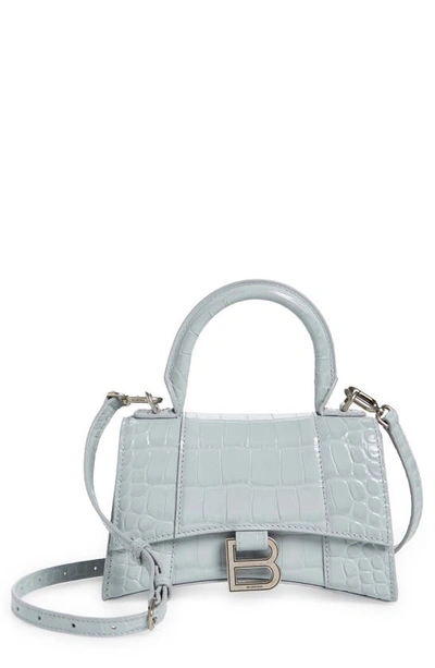Balenciaga Extra Small Hourglass Croc Embossed Leather Top Handle Bag In Ash Blue