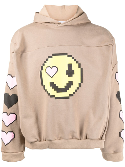 Natasha Zinko Pixel-smiley Pullover Box Hoodie In Braun