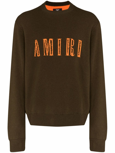 Amiri Distressed Logo-jacquard Cashmere Sweater In Green