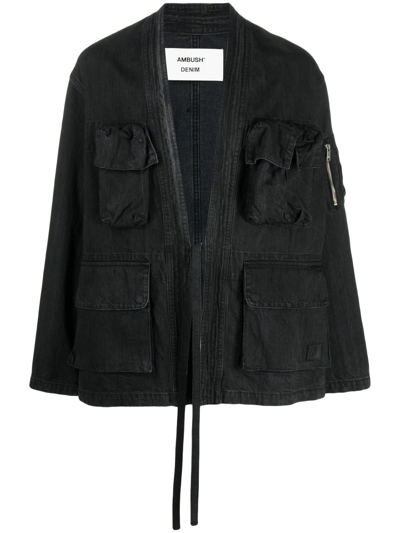 Ambush Coated Denim Kimono Jacket In Black Denim