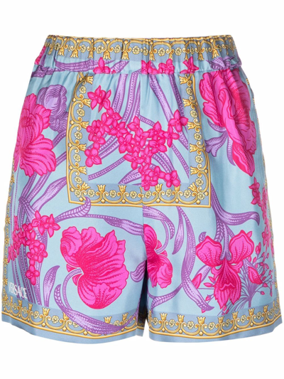 Versace Cornflower-print Satin Shorts In Multi-colored