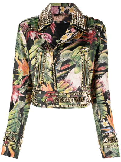 Philipp Plein Floral-print Studded Biker Jacket In Green